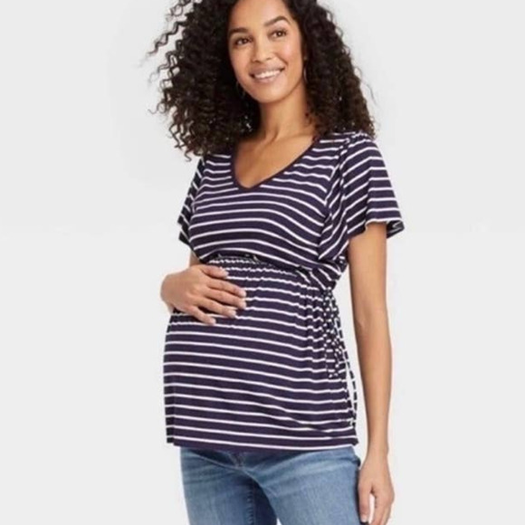 Isabel Maternity Striped Shirt Size L Navy Blue Short Flutter Sleeves V Neck - Picture 1 of 10